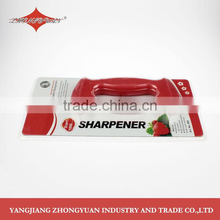 Both ends-blade knife sharpener with full length safety handle