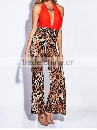 New sexy women backless COLOR BLOCK RUCHED DRAPE HALTER fit bodycon PARTY WIDE LEG JUMPSUIT OEM cheap
