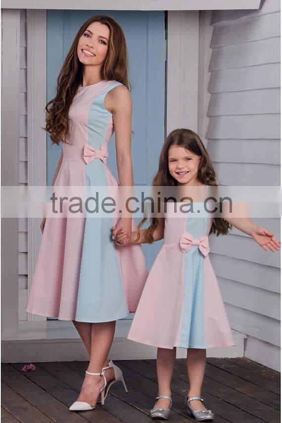 hot selling summer new frock design pink and blue mother daughter matching dress