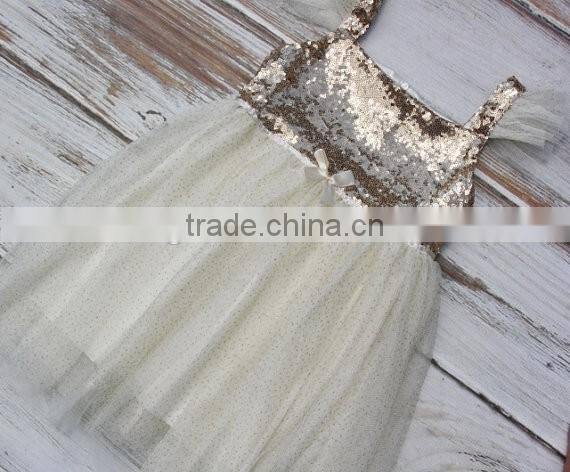 Ivory Gold Sequined Glitter Tulle Lace Fabric Baby Dress Pictures Girls Tutu Dress