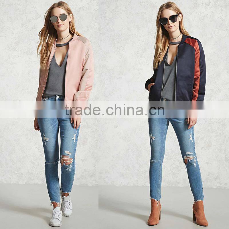 2017 Womens windproof satin contrast ribbed knit trim bomber jackets