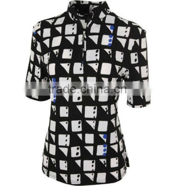 100% polyester,Women's Square Print Twilight zipper up Short Sleeve Polo shirt