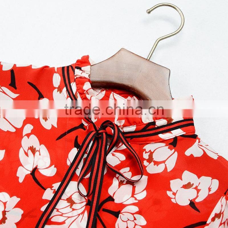 wholesale custom long sleeve silk blouse printing red floral high-necked daily top for ladies summer Blouse
