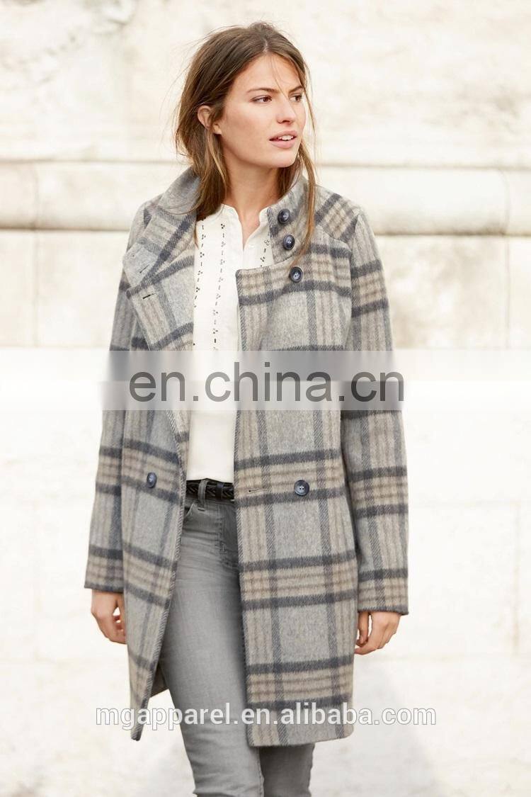 wholesale OEM high quality women winter long coat grey soft wool check coat