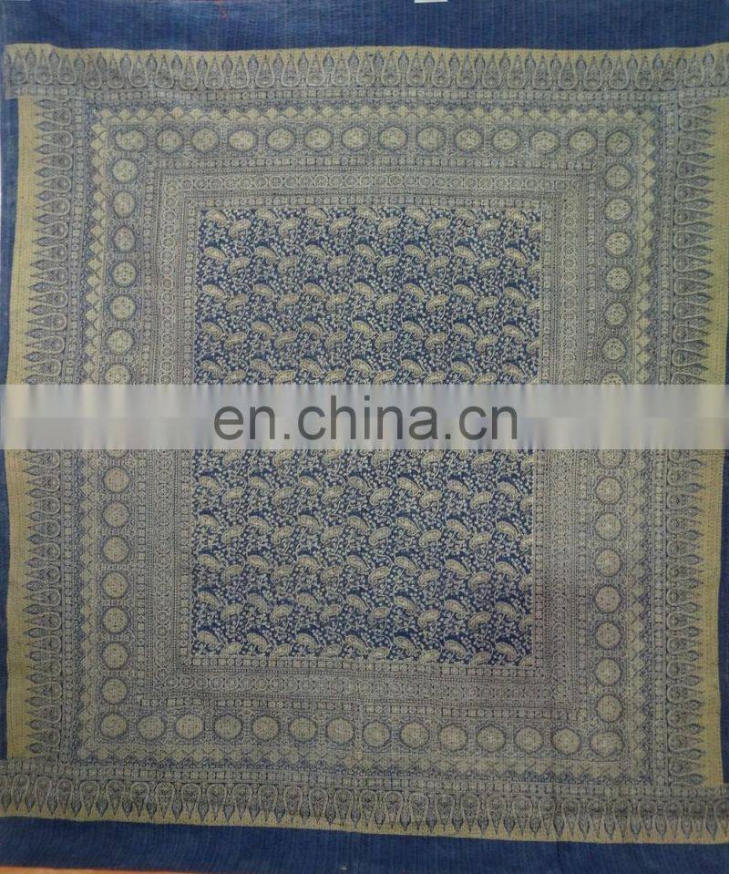 Handmade Ajrakh Kantha Quilt Throw Queen Size Ajrakh Bedcover Ajrakh Block Print Kantha Bedspread Blanket