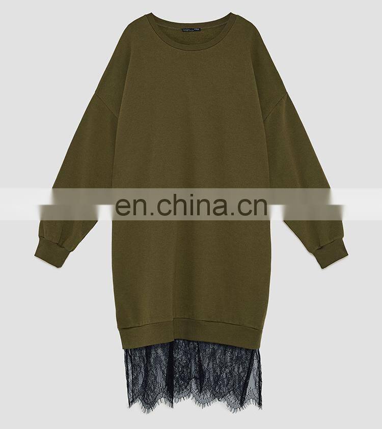 custom brand fashion women clothing O neck lace hem hoodies oversized sweatshirt dress