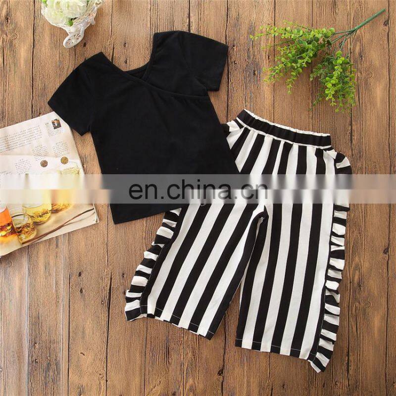 Girl Summer 2PCS Outfit Kids short sleeve black tops & Stripe Pant Set Girl Clothing Sets for 1-6T