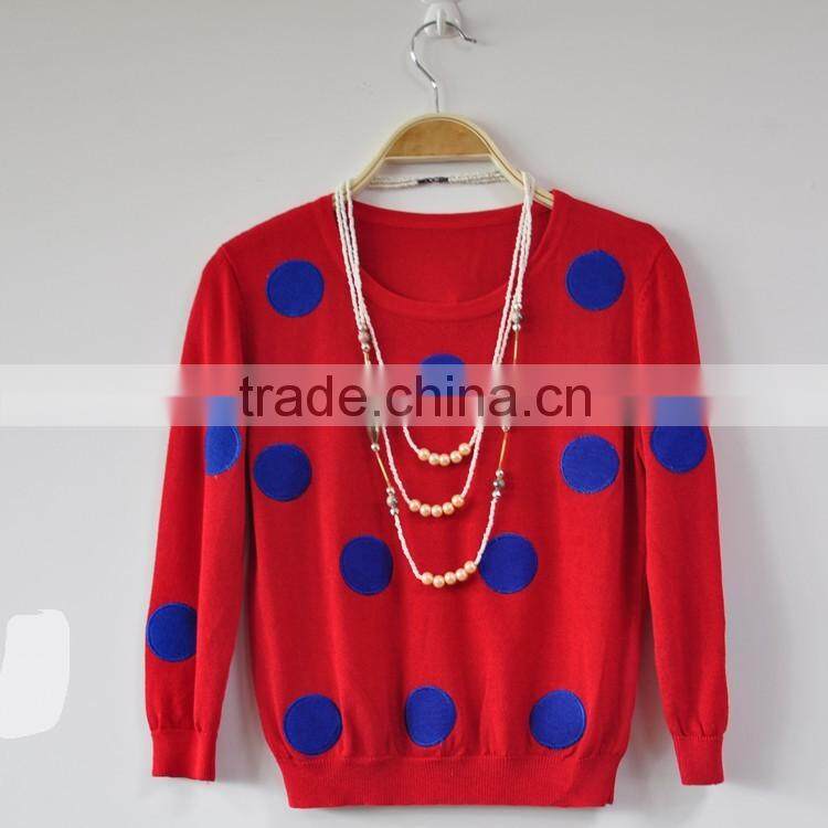 Red Lady Dots Embroidery Knitted Sweater O-Neck Women Sweaters