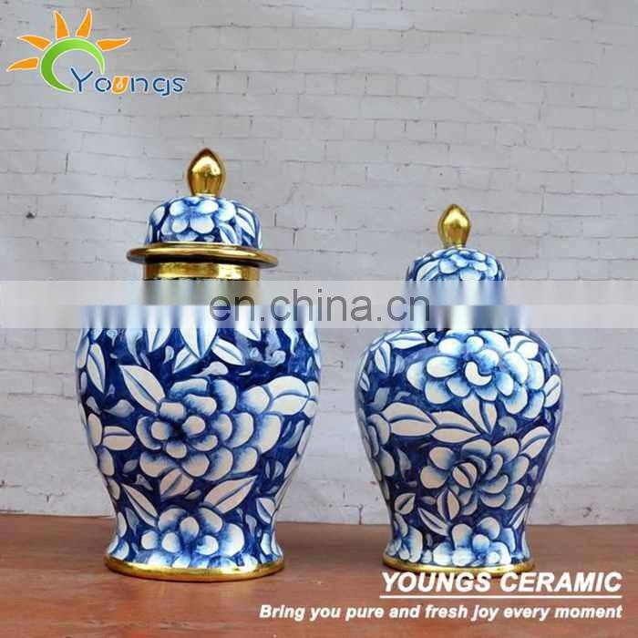 Large Chinese Porcelain Blue Glazed Ceramic Decorative Ginger Jars