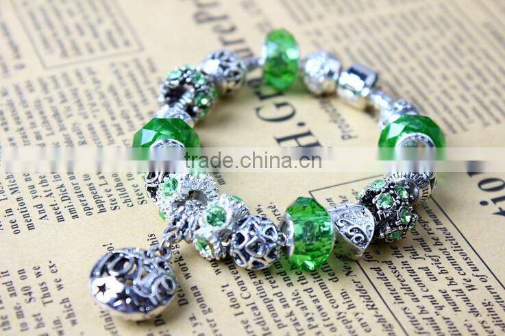 Fashion hot sale love charm bracelet beautiful green cyrstal bead bracelet