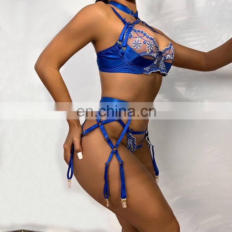 3pcs Hollow Out Pink Bandage Erotic Bra Panties Set Pink Color with Neck Ring 2022 Lingerie