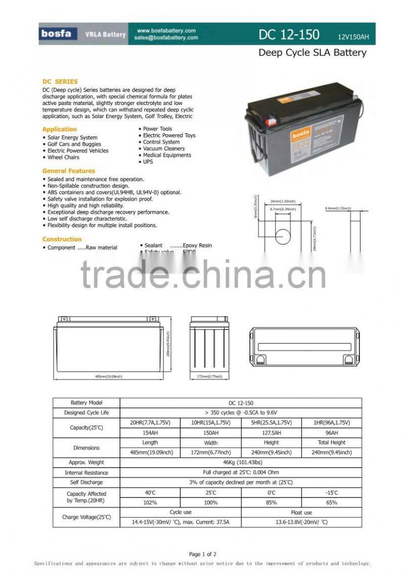 lead acid battery 12v 150ah rechargeable accumulator for ups battery backup