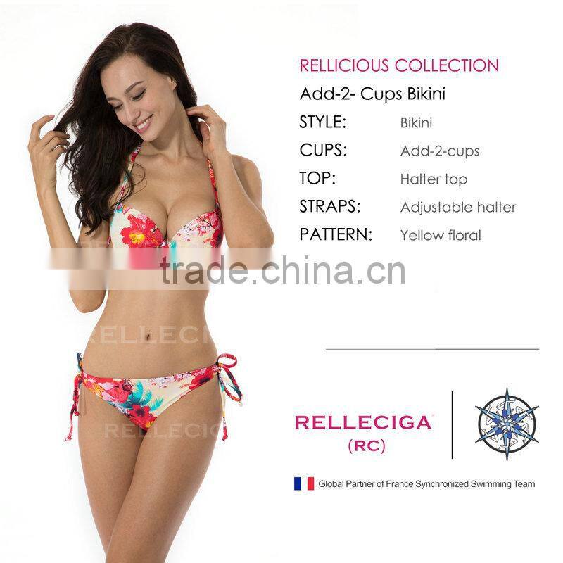 RELLECIGA 2015 Yellow Floral Add-2- Cups Push-up Halter Bikini