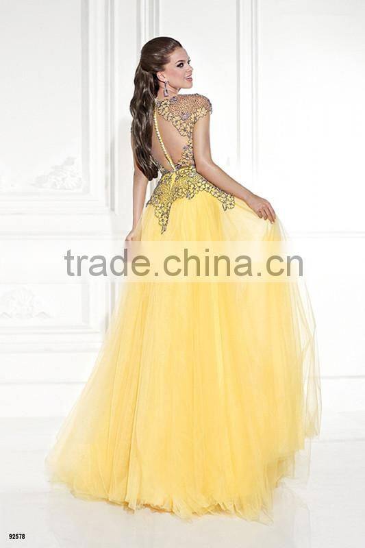 Stunning girls party dress Tulle Applique long yellow prom dress evening dress evening gown (YASA-819)