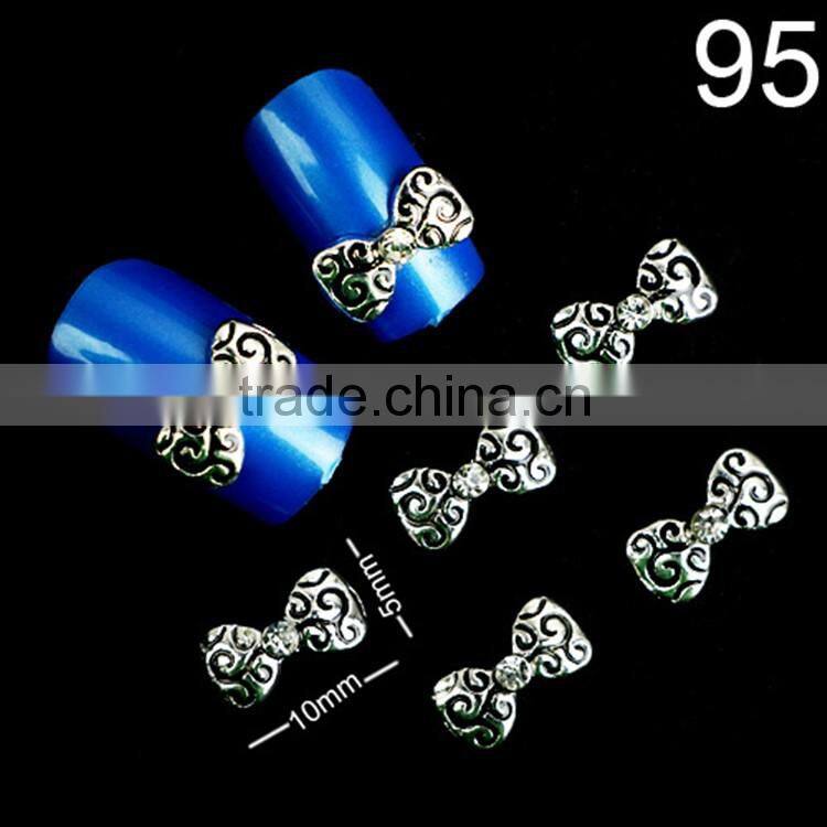 2016 New Arrival Wholesale Fashion bowknot metal rhinestone nail decorations , alloy knot nail art
