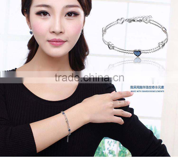 OUXI Concise Style heart shaped Silver&Blue crystal chain bracelet Y50005