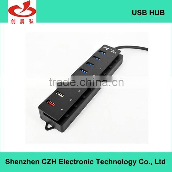 Hot selling powered usb por hub, 5 Gbps driver download high speed 7 port usb hub 3.0 with 1 quick charging port