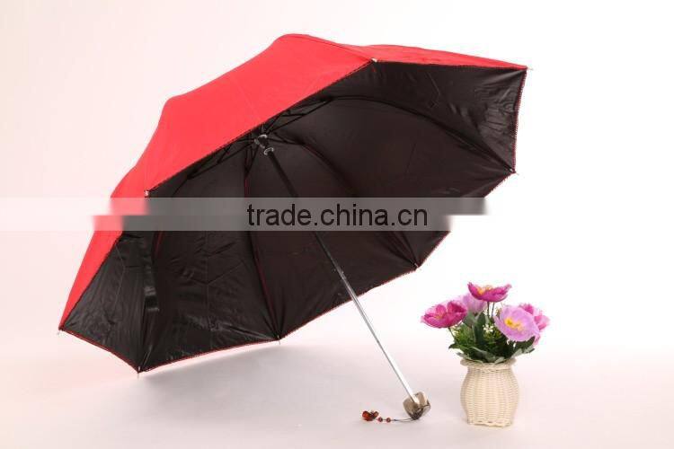sun umbrella black coated with UV protect 3 folding umbrella made by chinese umbrella manufacturer
