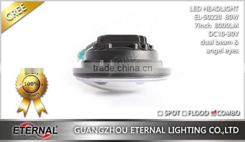 80W 7in round 4WD off-road truck SUV automotive vehicles sealed dual beam led headlight lamp