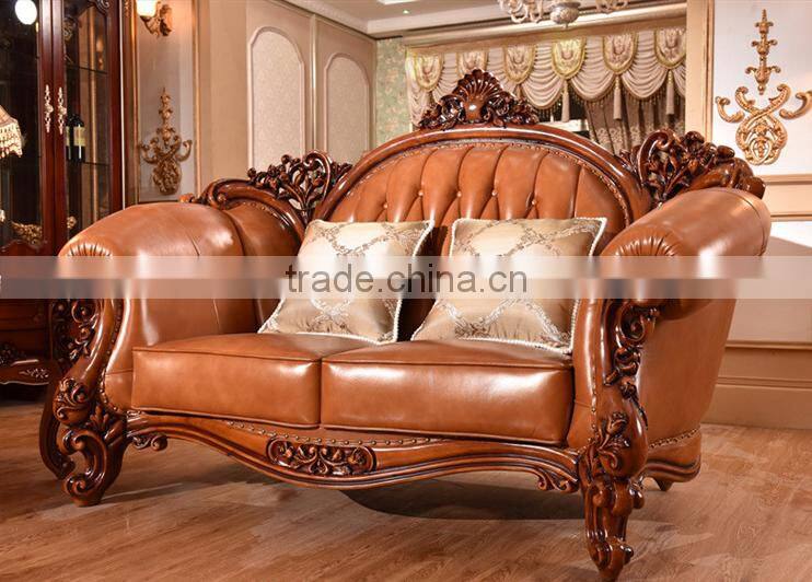 Luxury Chinese style solid wood double hand carving genuine leather sofa set