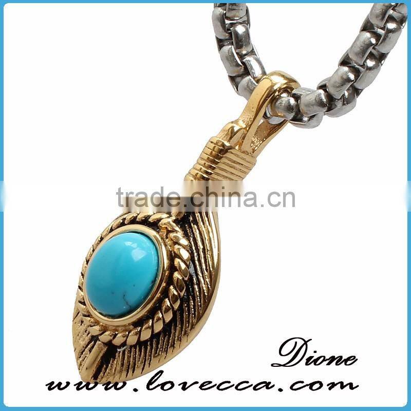 Alibaba Top Sale Ruby Stone Titanium Steel Skull Feather Necklace Jewelry Mens Turquoise Stone Stainless Steel Feather pendant