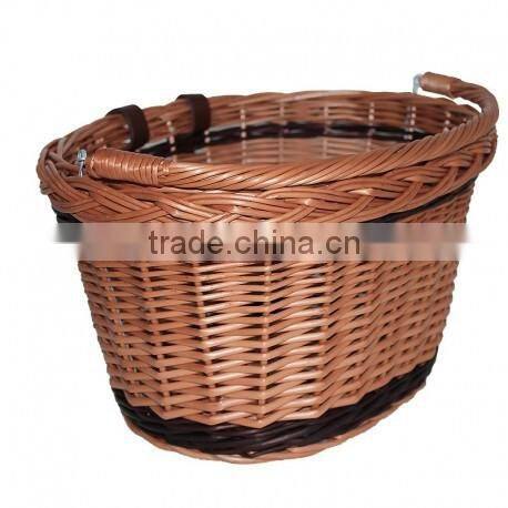 brown wicker bicycle basket with swing handle for bike