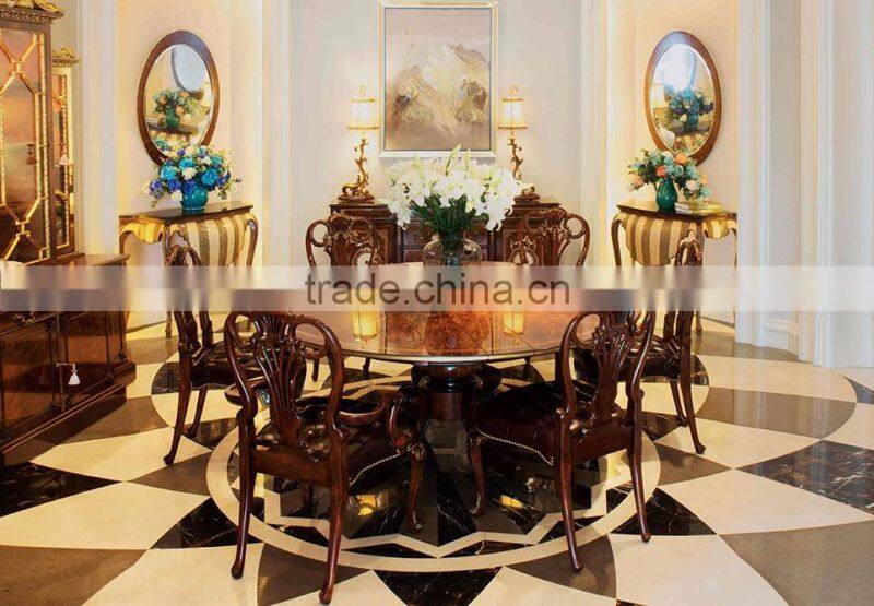 Royal Luxurious French Baroque Wood Carving Round Dining Table with Floral Marquetry Inlay Table Top BF12-03284c