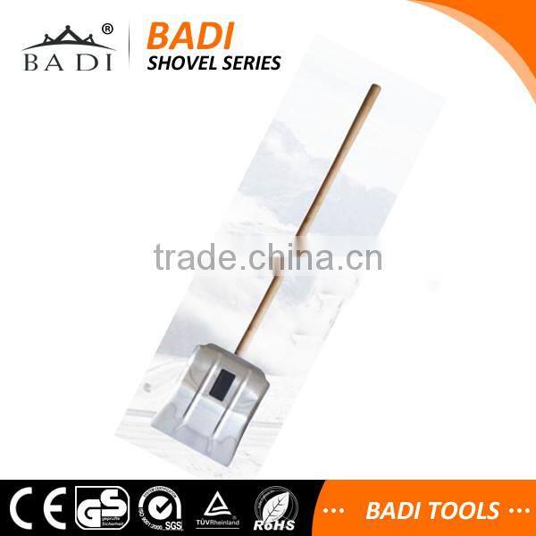 long wooden handle aluminum head shoveling snow