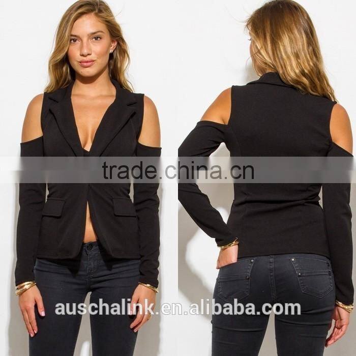 custom black long sleeve cold shoulder cut out sexy blazer