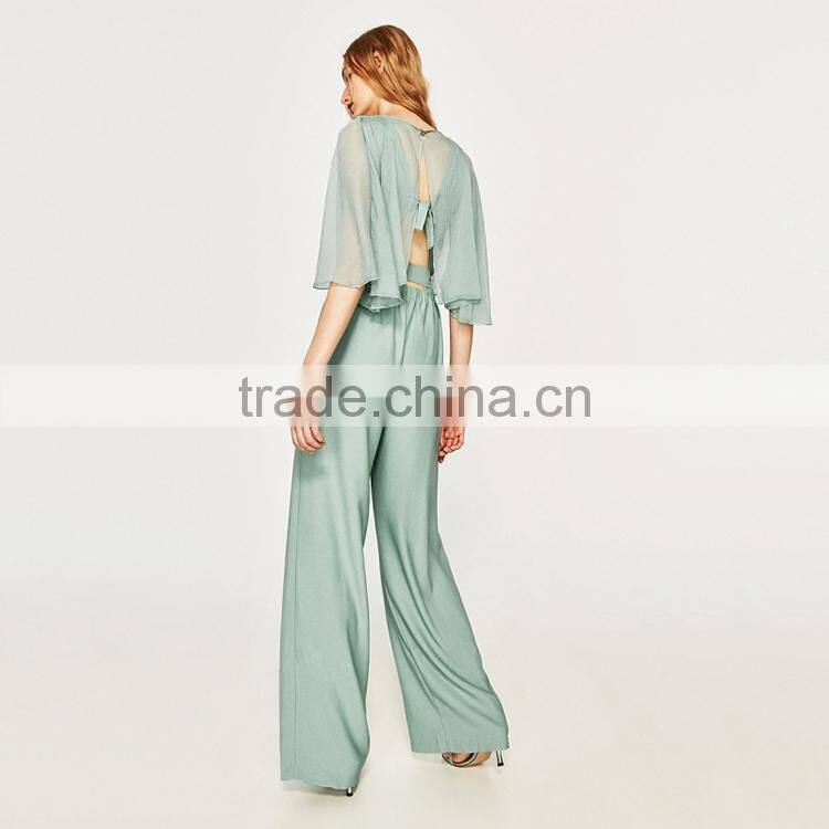 HAODUOYI Light Green Patchwork Women Jumpsuit V-neck Half Sleeve Sashes Elegant Culottes Perspective Lady Jumpsuit for Wholesale
