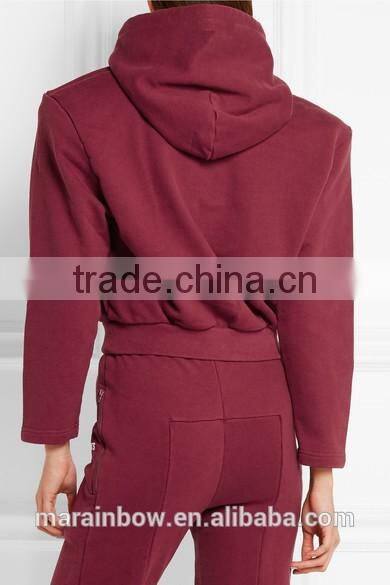 Burgundy Printed Cotton-blend Jersey Hooded Top OEM Ladies Cropped Top Hoodie High Quality Womens Tracksuits Top