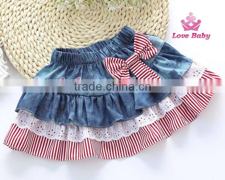 Latest Korean stripe bowknot children demin jeans skirts
