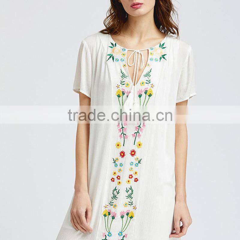 White short sleeve maxi Dress, women emboriedered fashion mesh dress