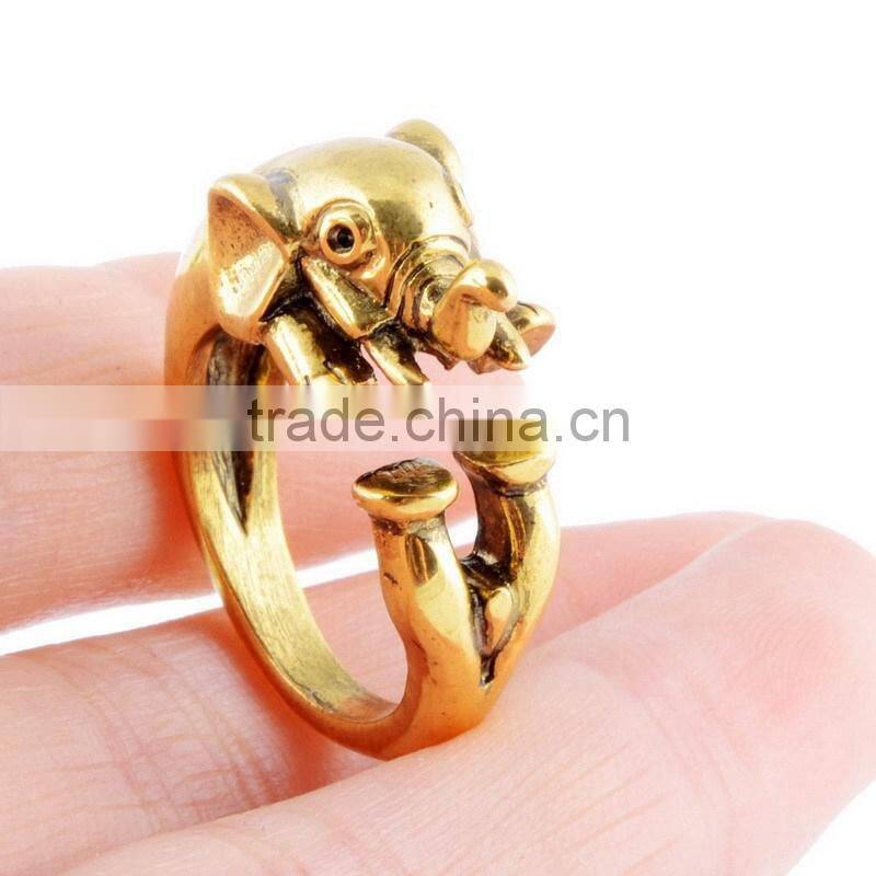 Elephant Animal Wrap Rings Gold Plated Jewelry Adjustable Retro Ring Resizable