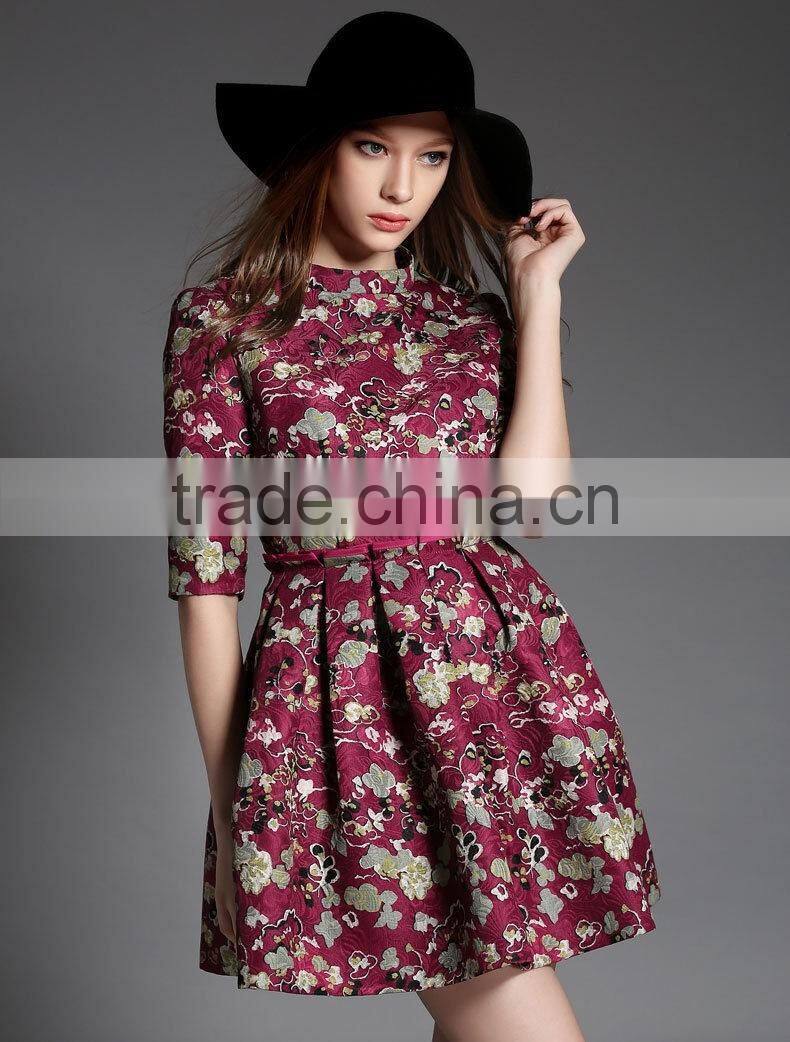 Women A Line Short Sleeve Lace Dress Fabric Embroidery Mini Dress With Pattern