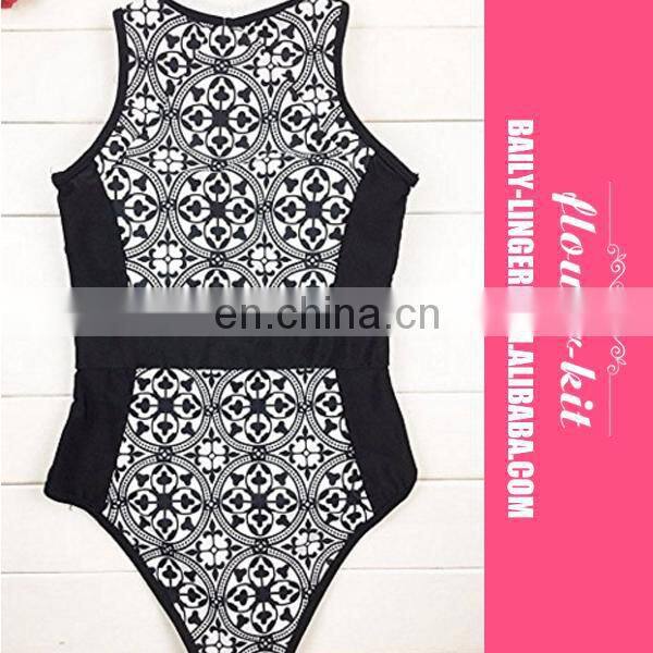 Lady One Piece Zipper Retro Print Bikini Push Up Monokini Conjoined Bathing Suit