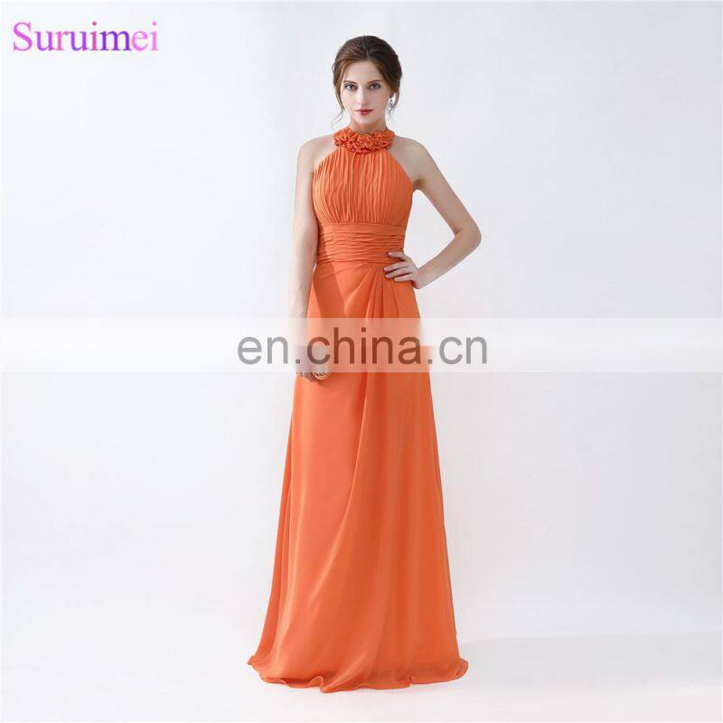 Orange Bridesmaid Dresses Floor Length Pleated Peach Color Chiffon On Sale Halter Bridesmaid Dresses