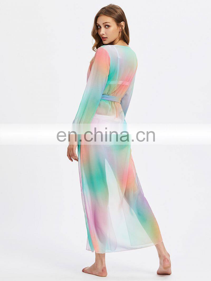 Plunging M-Slit Self Tie Chiffon Bikini Cover Up Beach Dress