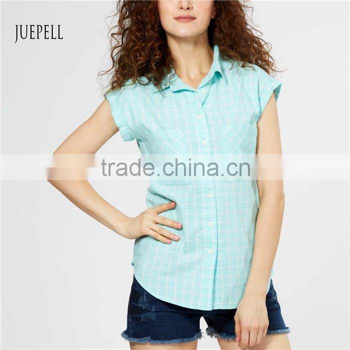 Blue grid cotton women shirt