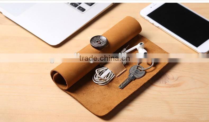 multiple use real crazy horse leather data cable storage bag custom pencil bag roll organizer