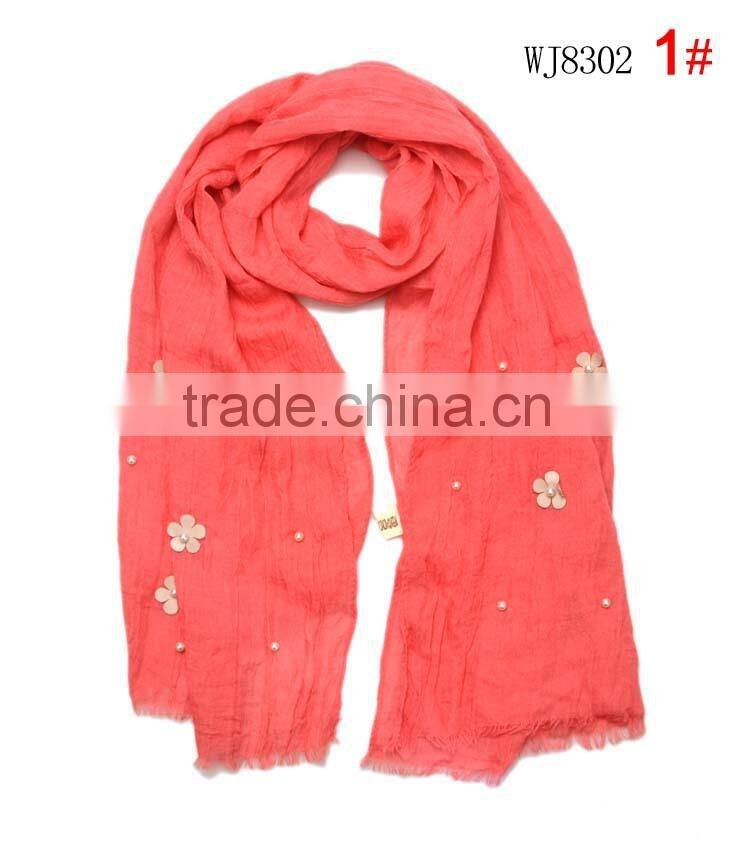 2015 Autumn Winter Newest Small Flower Applique Pearl Beads Fixed Soft Cotton Baby Girl Scarf