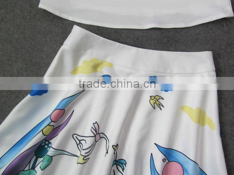 2014 Famous brand early autumn fashion style sleeveless swan printed women 2 pieces dress suits wholesale I17063