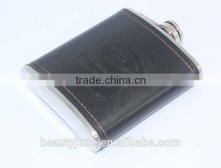 High quality 7oz black leather hip flask stainless steel Whiskey flask gifts set