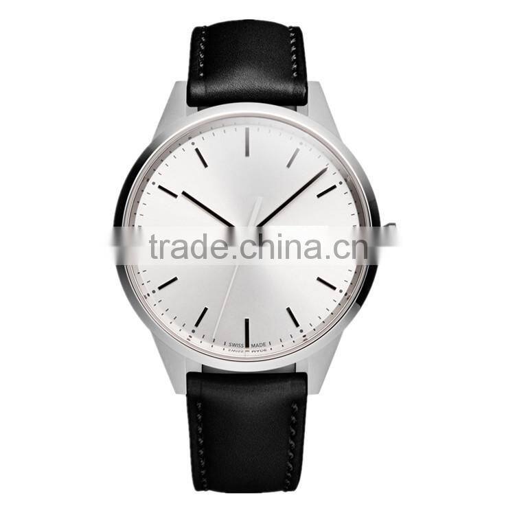 Brushed PVD steel stainless steel case watch waterproof 5ATM Date and Day function movement black nappa leather