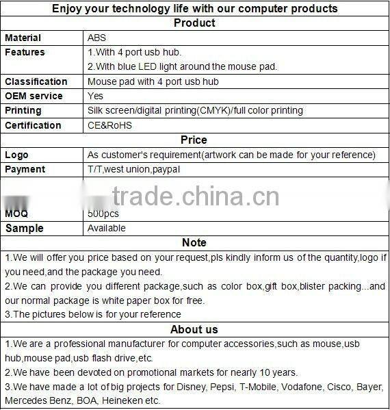 CMYK printing promotional multifunction usb hub mouse pad with LED light