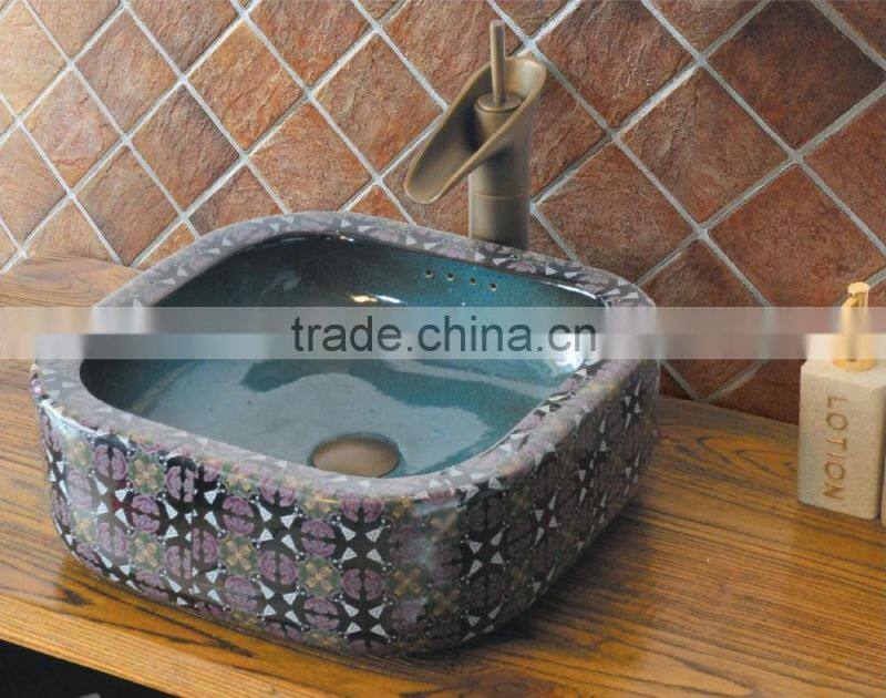 Handpainted ceramic art basin colorful countertop round sink porcelain flower edge bowl vanity top GD-F21