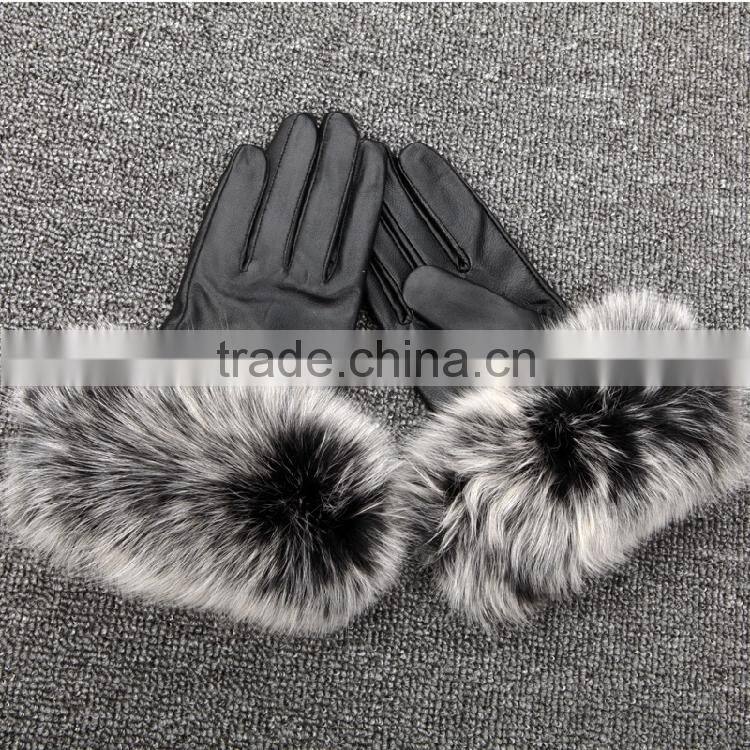 Winter Leather Car Driving Gloves Flannelette Inside With Fox Fur Double Face Sheepskin