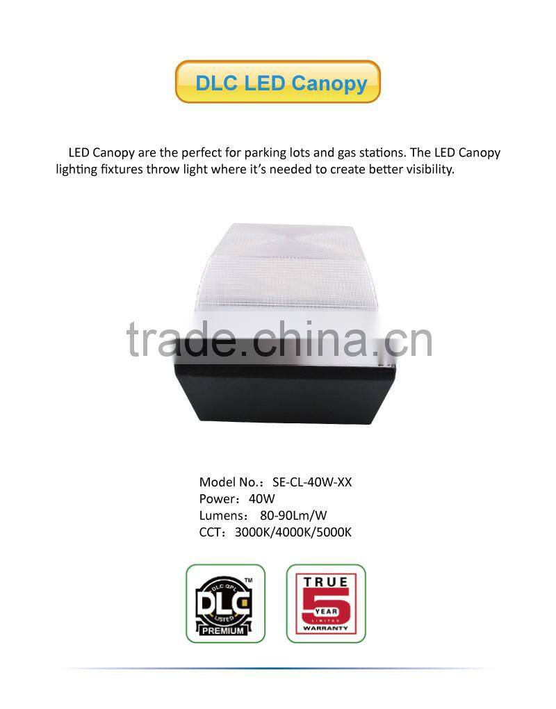 2016 UL DLC Listed 5 years warranty led canopy light 40w led canopy luminaire