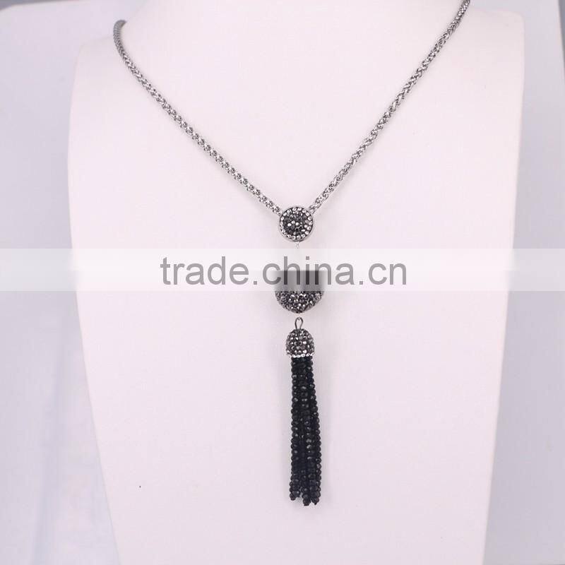 Pave Rhinestone with Crystal Tassel Pendant Stone Chain Necklace, Gem Druzy Pendant, Druzy Tassel Necklace