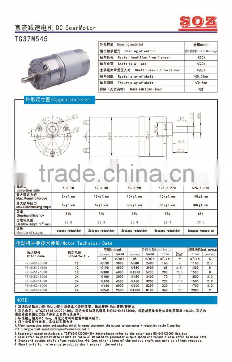 CE 12V/24V TG37M545 DC Micro geared motor